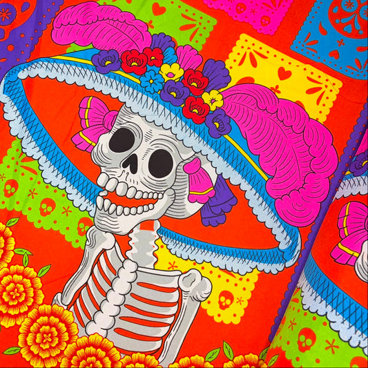 Tergal Catrina Papel Picado Fondo Naranja