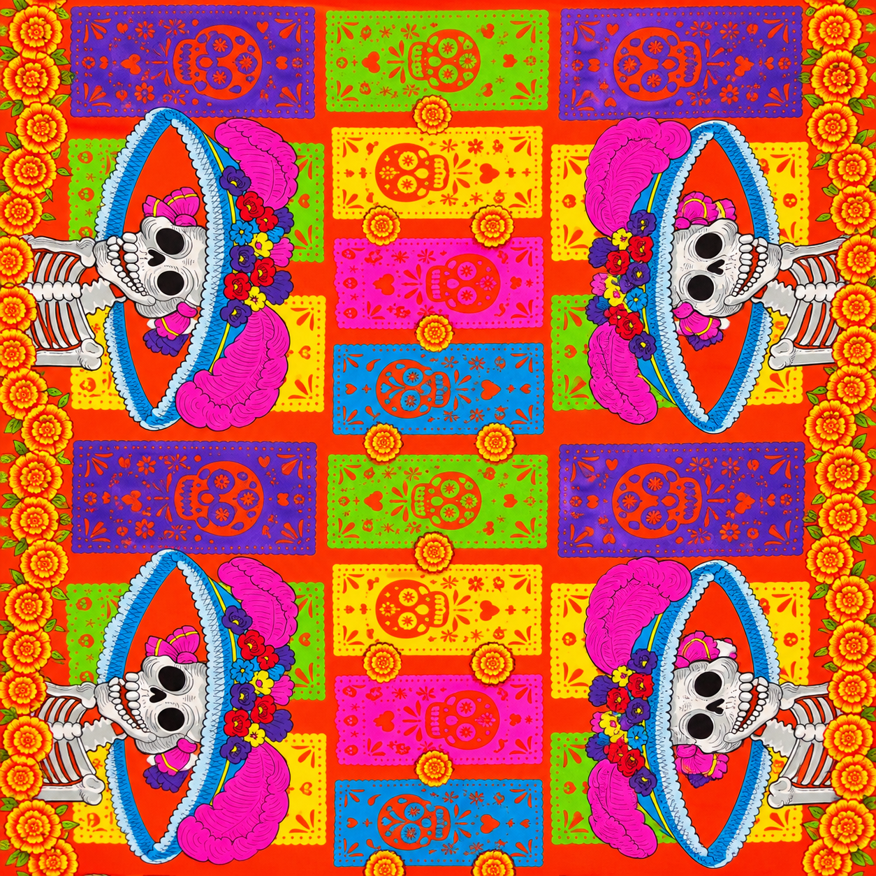 Tergal Catrina Papel Picado Fondo Naranja