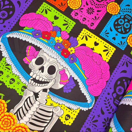Tergal Catrina Papel Picado Fondo Negro