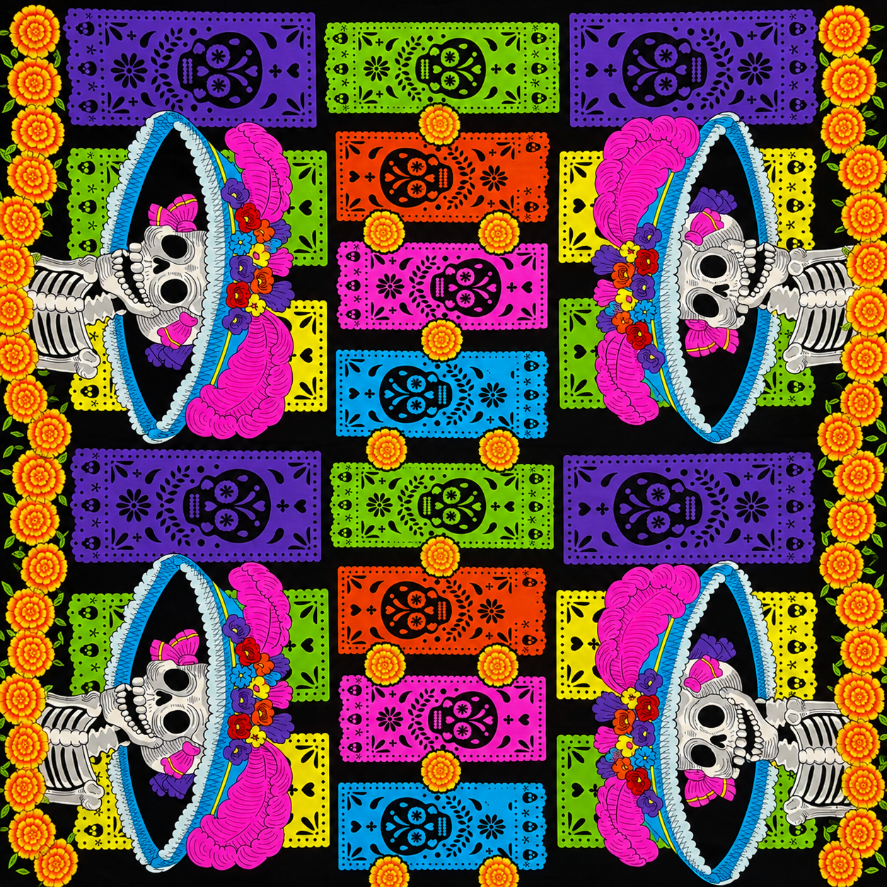 Tergal Catrina Papel Picado Fondo Negro