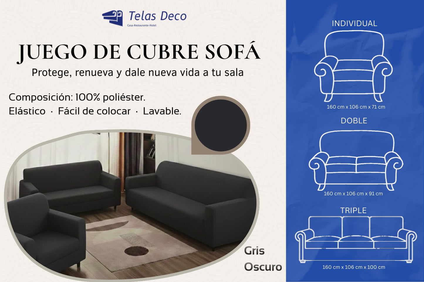 Protector Funda Cubre Sala Sofá Nube Ajustable Elástico 3 Pz