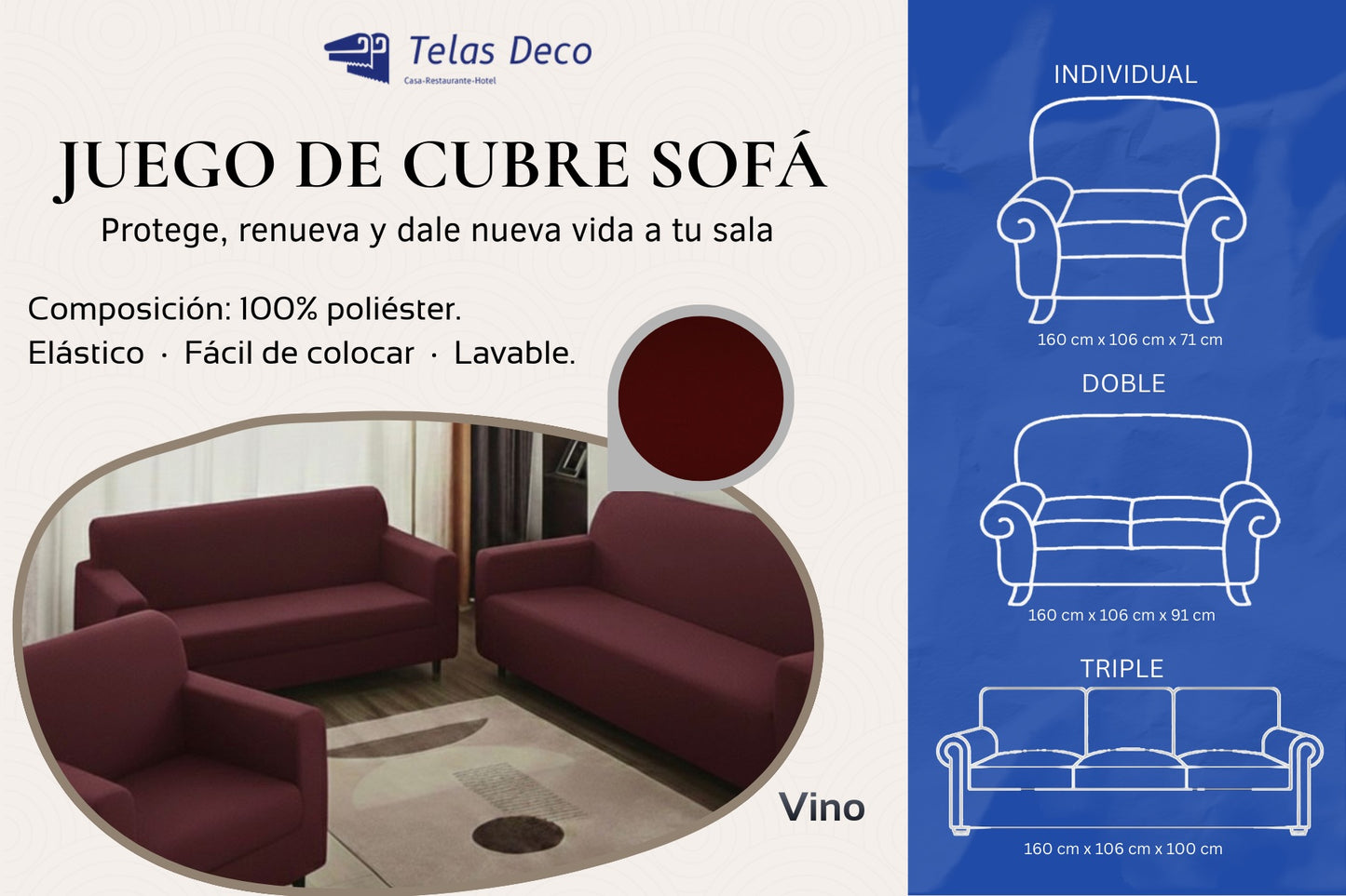 Protector Funda Cubre Sala Sofá Nube Ajustable Elástico 3 Pz