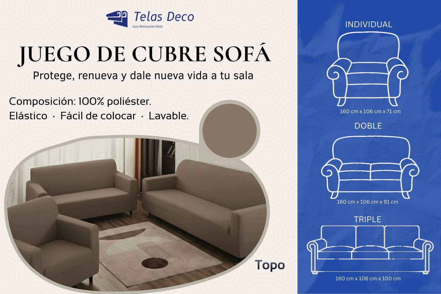 Protector Funda Cubre Sala Sofá Nube Ajustable Elástico 3 Pz